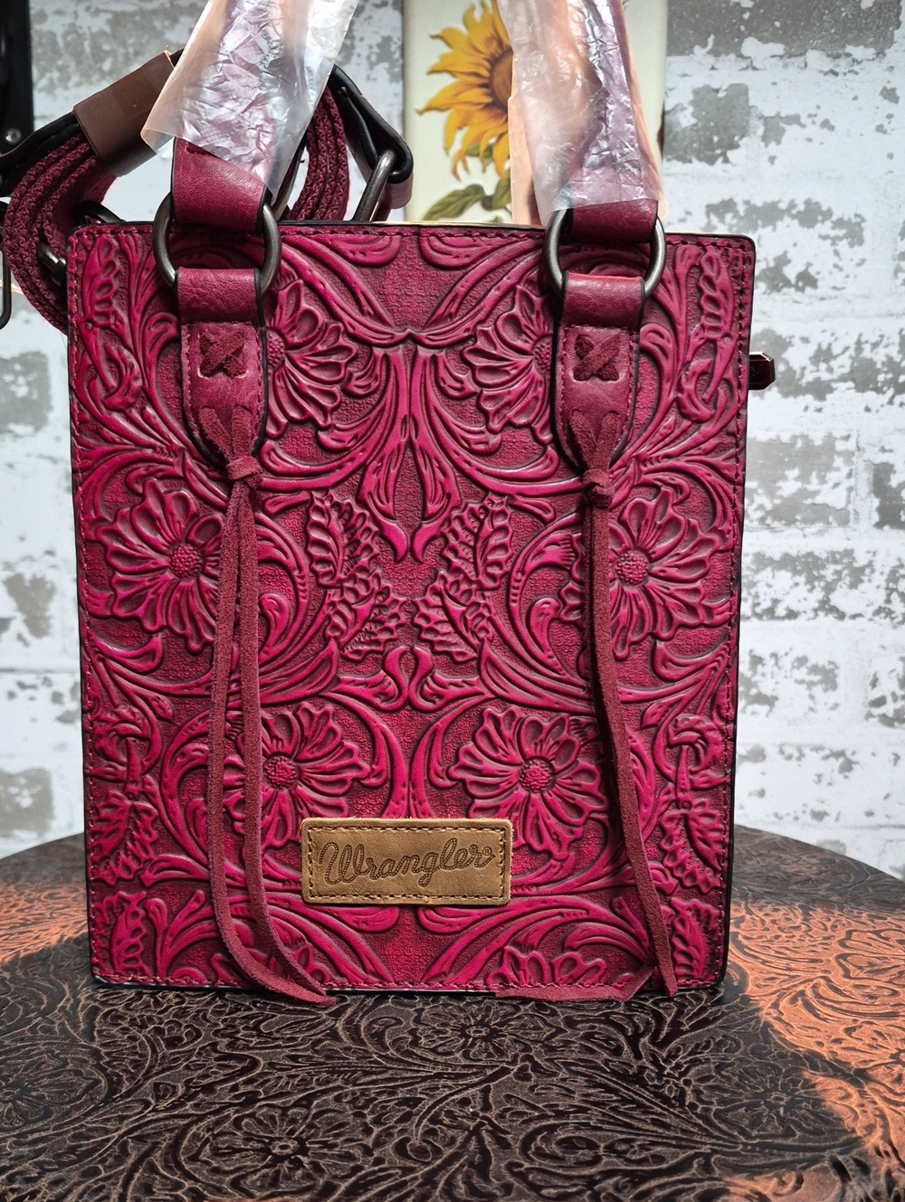 Wrangler Embossed Floral Crossbody Bag — Berry